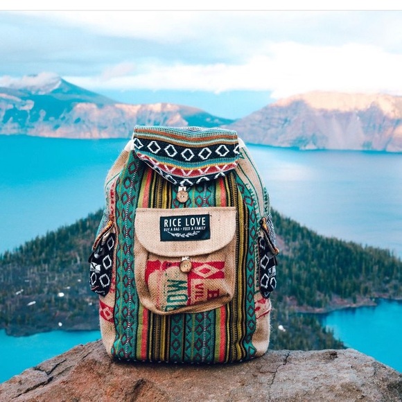 Rice Love Recycled Burlap Multicolor Boho Print Rice Bag Travel Backpack - Picture 14 of 15